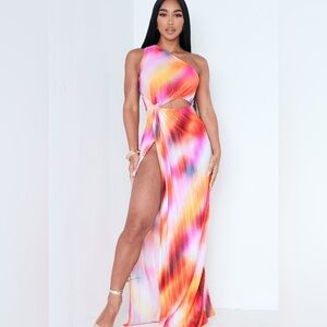 PINK ABSTRACT PRINT PLISSE KNOTTED SPLIT DETAIL MAXI DRESS - MEDIUM